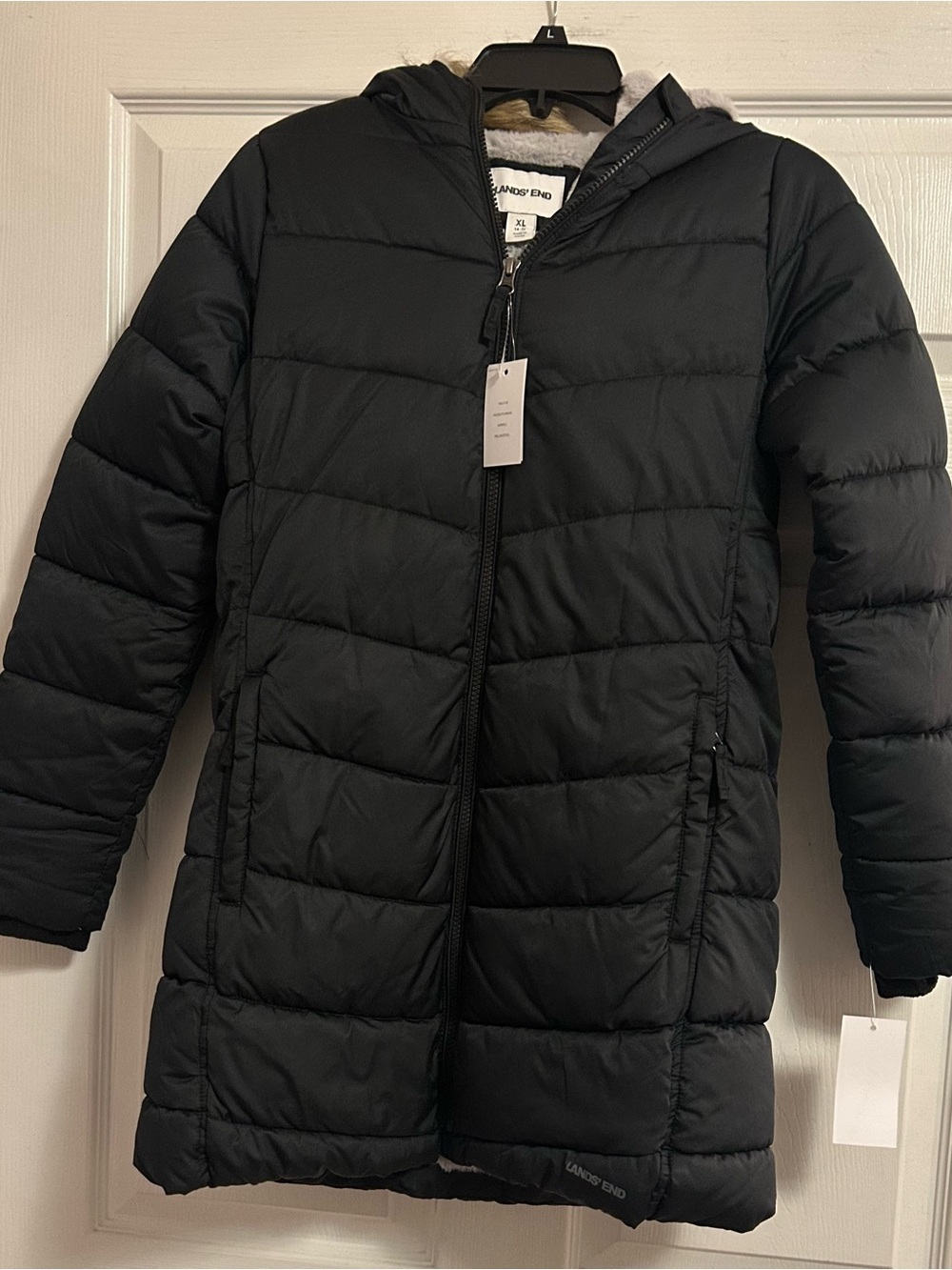 Lands' End Kids Black Quilted Puffer Coat with Hood
